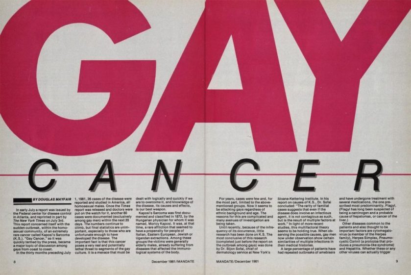 "Gay Cancer", an article in a 1981 issue of MANDATE