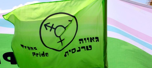 דגל ירוק עם סמל הטרנסג'נדריות עליו והכיתוב "גאווה טרנסית"