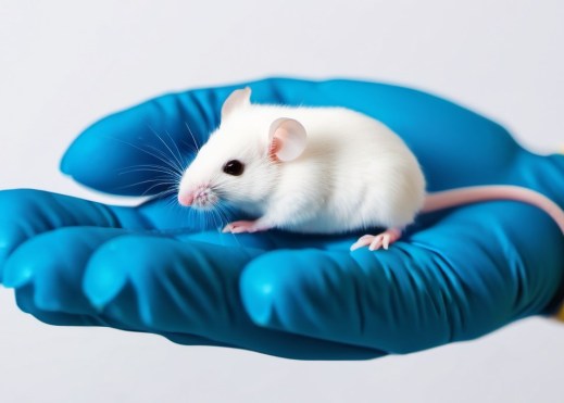 כף יד עוטה כפפת ניטריל כחולה. על היד יושב עכבר מעבדה לבן